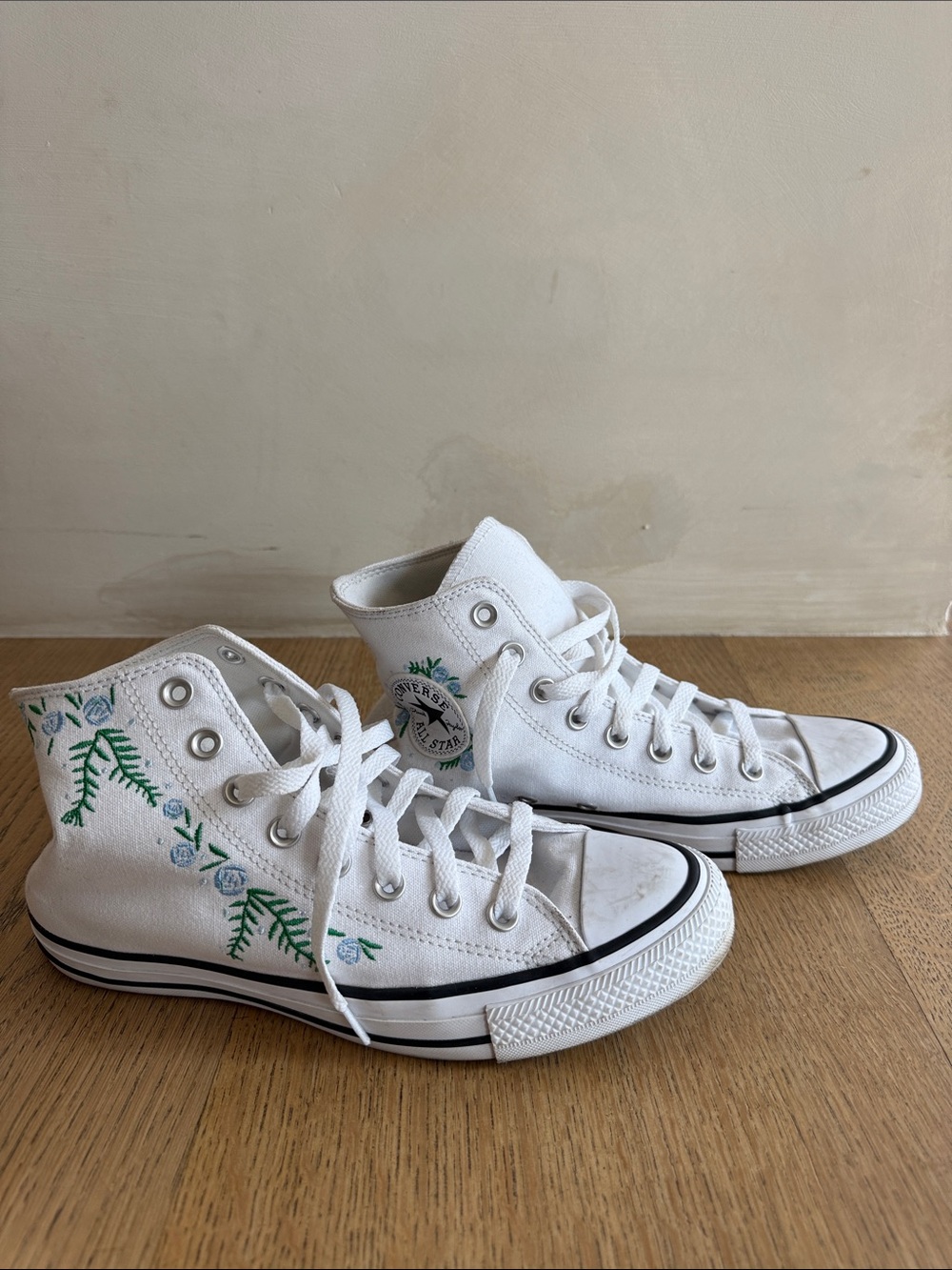 Converse White High Top Sneakers with Green Embroidery